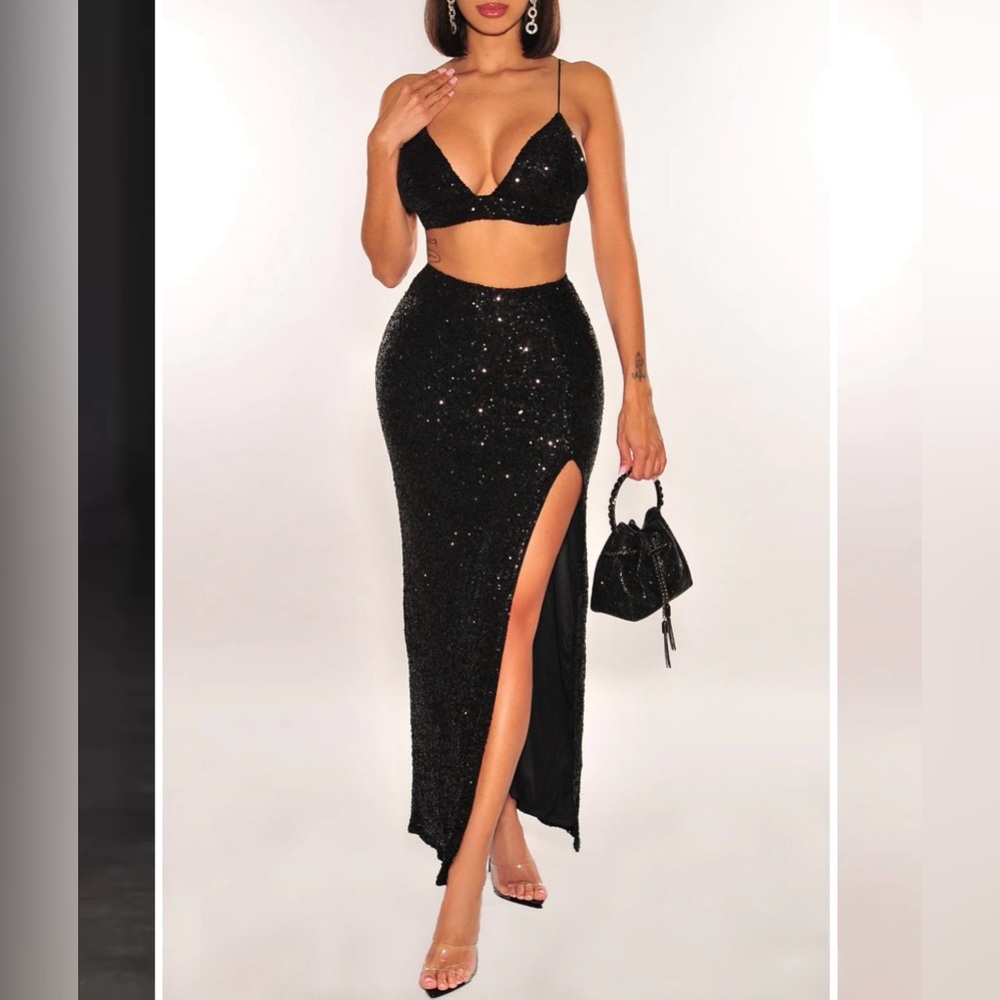 Black Sequin Two Piece Set
